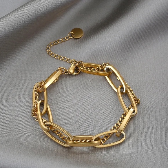 Exaggerated Cuban 18K Gold Titanium Steel Hollow Thick Double Chain Bracelet - Picture 3 of 11